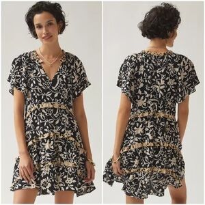 By Anthropologie Black Gold Ivory Floral Print Robin Tiered Mini Dress Ruffle  S